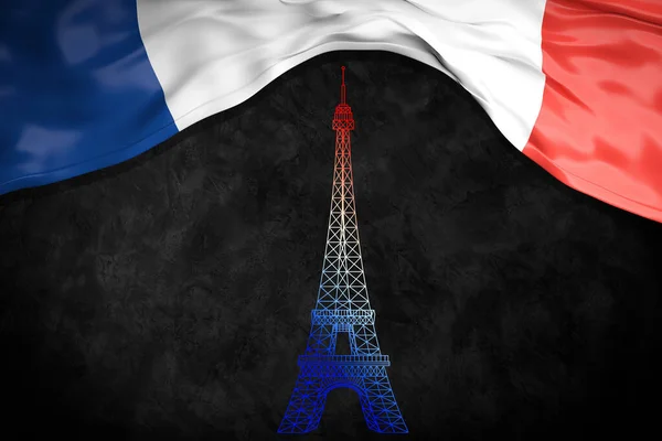 法国巴士底狱日的图解 有一面旗帜和一个黑色抽象背景的埃菲尔铁塔 — 图库照片