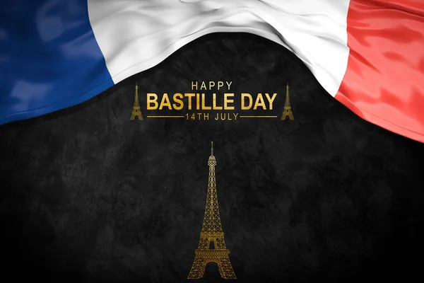 黄金のエッフェル塔とあなた自身のテキストのための多くのスペースを持つ黒の背景にフランスの国旗 7月14日のハッピーバスティーユデー — ストック写真
