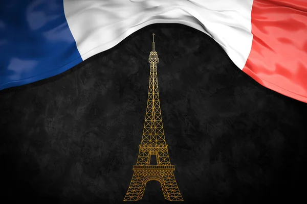 Drapeau Français Sur Fond Noir Avec Une Tour Eiffel Dorée — Photo