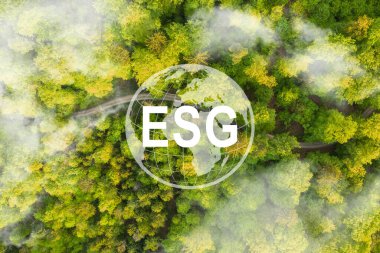 Soyut simge, ekolojik geri dönüşüm çağrısını temsil ediyor ve dokunulmamış güzel bir ormanın ortasında geri dönüşüm sembolü olan bir gölet şeklinde yeniden kullanılıyor. 3D görüntüleme. ESG.