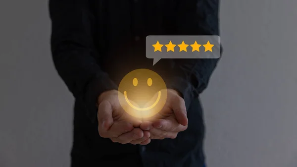 Customers rate service, sales principles and sales follow-up. Businessmen choose to rate 5 stars, with gym front icon. Excellent rating. User give rating, feedback, good business network score.