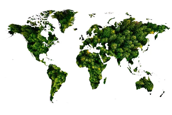 影を含む固体白い背景の様々 な詳細な木から成っている世界地図 フォレストの イラストですグローバルの緑の環境問題を世界の概念 — ストック写真