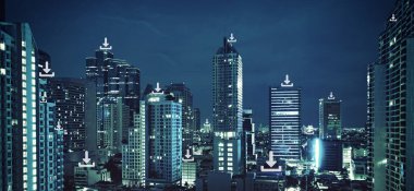 WiFi simgesi ve city scape ve ağ bağlantı kavramı, akıllı şehir ve kablosuz iletişim ağı, soyut resim görsel, şeylerin Internet.