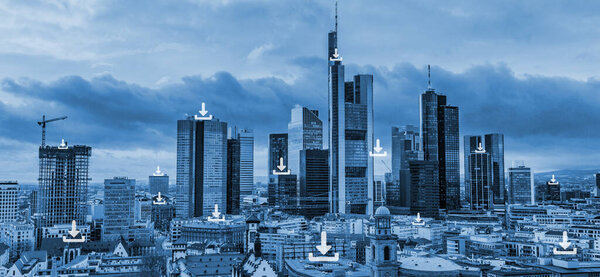 Wifi icon and city scape and network connection concept, Smart city and wireless communication network, abstract image visual, internet of things.