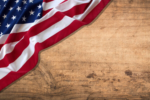 President's Day. Banner template design of presidents day concept, flag of United States American and space, Top view USA flag for Memorial day on wood background.
