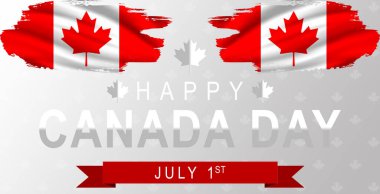 Kanada 'nın bağımsızlık günü pankartı. Kanada bayrağıyla soyut tasarım. Vektör İllüstrasyonu. Akçaağaç yaprağıyla kırmızı beyaz tema. Toronto silueti. Vektör İllüstrasyonu.