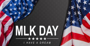 Arka planda Amerikan bayrağıyla MLK Günü 'nü kutluyoruz. Martin Luther King Jr. Günü 'nün vatansever arkaplanı. Hayali onurlandırıyorum.