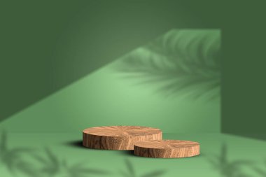 İki kozmetik ürün podyumu modeli. Kozmetik sunumu için arka plan. Tarafsız mavi arka planda minimal modern ürün görüntüsü. Tahta kürsü ve yeşil yapraklar. Kavram sahnesi