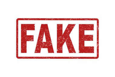 Beyaz arka planda kırmızı sahte pul tasarımı. Kırmızılı sahte kelimeyle Grunge kauçuk damgası. Düz tasarım.
