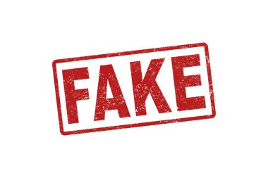 Beyaz arka planda kırmızı sahte pul tasarımı. Kırmızılı sahte kelimeyle Grunge kauçuk damgası. Düz tasarım.