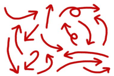 Tasarım kullanımı için elle çizilmiş kırmızı boya nesnesi kümesi. Soyut fırça çizimi. Vektör sanat illüstrasyon grunge oklar