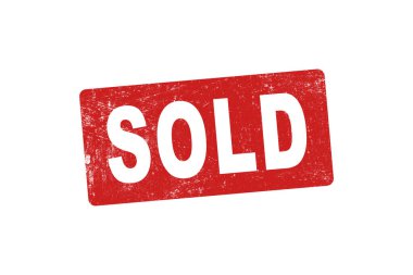 Beyaz arka planda kırmızı kauçuk damga satıldı. Pul levhası satıldı. Satıldı..