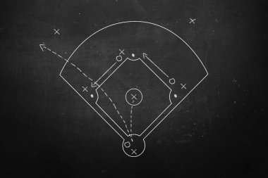 Eldiven, kask, beysbol sopası ve tebeşirle çizilmiş arka plan oyun stratejisinden oluşan beyzbol ekipmanları.