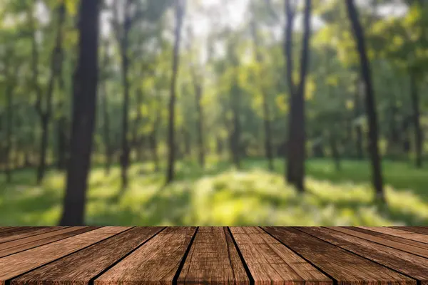 Güzel, bulanık, boreal orman arkaplan görüntüsü. Model ürün sergisi için boş ahşap masa. Düzenleme için masa üstünde özelleştirilebilir alanı olan piknik masası. Kusursuz.