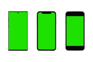Boş dokunmatik ekranlı akıllı telefon ve soyut renkli duvar kağıdı, yeşil krom anahtar beyaz arka plan. Ön görüntüde çerçevesiz cep telefonu var. Yüksek kalite detaylı cihaz modeli. Vektör illüstrasyonu