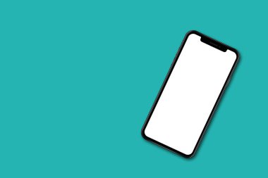 Beyaz bir telefon ekranının kopyası. Sosyal medya tanıtımı. Akıllı telefon ekranında reklam yapmak gibi. Aygıt ön görünümü. Üç boyutlu cep telefonu. Cep telefonu. Nane yeşili arkaplan.