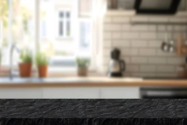 Boş alanı ya da ürün modellemesi olan siyah mermer tezgah. Restoran tezgahı Kafe, Kafe, Tezgah, Arkaplan, Şablonlar, Ürünler, Mutfak veya Bar. ürün yerleştirme