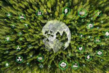 Sürdürülebilir kalkınma hedefi (SDG 'ler) kavramı. Çevre simgesi ile küresel iletişim ağını yeşil bir zeminde tutan eller. Yeşil teknoloji ve çevre teknolojisi.