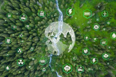 Sürdürülebilir kalkınma hedefi (SDG 'ler) kavramı. Çevre simgesi ile küresel iletişim ağını yeşil bir zeminde tutan eller. Yeşil teknoloji ve çevre teknolojisi.