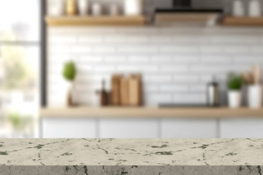 İskandinav mutfağındaki boş ve temiz mermer yemek masası. Ahşap mobilyaların üzerinde mavi çekmeceleri olan modern monokrom iç mekan. Masa giysisi ve çiçekli vazolar.