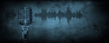 Ses dalgası sinyali, koyu mavi arkaplan, kayıt stüdyosu, yayın ya da podcast afişi ile profesyonel mikrofon kayıt sesi