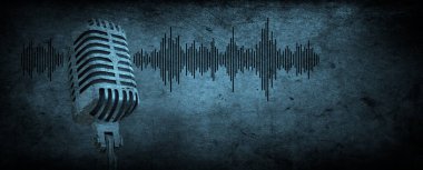 Ses dalgası sinyali, koyu mavi arkaplan, kayıt stüdyosu, yayın ya da podcast afişi ile profesyonel mikrofon kayıt sesi