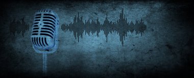 Ses dalgası sinyali, koyu mavi arkaplan, kayıt stüdyosu, yayın ya da podcast afişi ile profesyonel mikrofon kayıt sesi