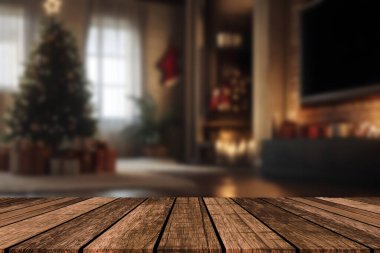 Noel ağacının önündeki boş masa dekorasyon arka planında. Ürün görüntüleme kurgusu için