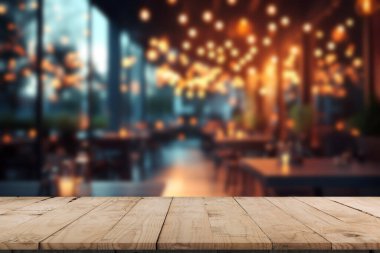 Boş ahşap masa üstü, arka planda ışıklar bokeh..
