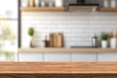 Mutfağın parlak beyaz iç kısımlı yeşil boş ahşap masa Bokeh altın günışığının arkasında bulanık bir arka plan olarak