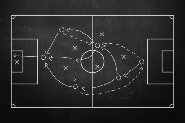 Tahtaya tebeşirle çizilmiş futbol stratejisi.