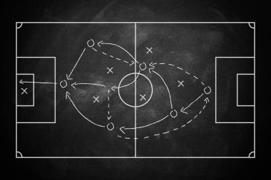 Tahtaya tebeşirle çizilmiş futbol stratejisi.