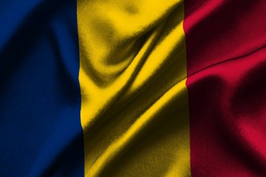 Romen ulusal bayrağının dalgalanan kısmı, yakın plan. Romanya, RO