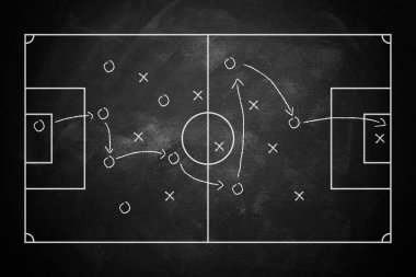 Futbol, futbol taktikleri siyah tahtada izole edilmiş, karatahta deseni.