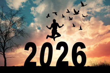 Bir grup insan çarpıcı turuncu bir gün batımına karşı siluet oluşturarak 2026 'nın gelişini arka planda bir palmiye ağacıyla kutladılar..