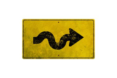 Kıvrımlı trafik sarı işareti. Dikkat uyarı işareti Sol Dönemeç Yolu. Beyaz arka planda izole edilmiş. Konsept: Uyarı trafik işareti Uyarı Ulaşım için yön ve gidilecek yol.
