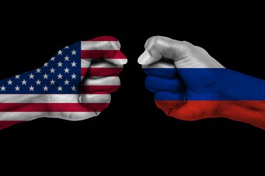Rusya, Amerika Birleşik Devletleri Savaşı 'na Karşı ve Çatışmalar Boyalı Bayraklarla Arkaplanı Kavradı. Amerika ve Rusya gerilim zemininde. Ticaret savaşı..