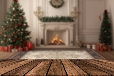 Noel ve yeni yıl arka plan boş koyu ahşap güverte tablo üzerinde Noel ağacı ve bulanık ışık bokeh ile. Boş ekran ürün montajı için. Rustik vintage Xmas arka plan.