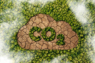 Karbondioksit emisyonu sorununu ve bunun doğa üzerindeki etkisini verimli bir ormanda bulunan karbondioksit sembolü şeklinde tasvir edin. 3d oluşturma.