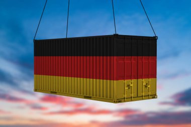 Kargo konteyner ile Alman bayrağı mavi gökyüzü, 3d render karşı vinç kanca asılı 