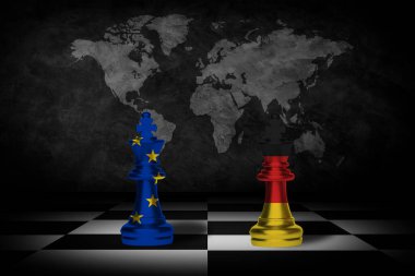 Almanya ve AB işbirliği kavramı. Almanya ve Avrupa Birliği satranç tahtasındaki piyon askerlerinin bayraklarını dikti. 3d illüstrasyon