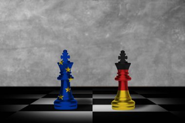 Almanya ve AB işbirliği kavramı. Almanya ve Avrupa Birliği satranç tahtasındaki piyon askerlerinin bayraklarını dikti. 3d illüstrasyon