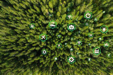 Ormanın çevre, sürdürülebilir kalkınma ve yenilenebilir enerji sınırı iklim değişikliği ve küresel ısınmaya dayanan yeşil işletmeler için en üst görünümde CO2 emisyon kavramını azaltma ikonu.