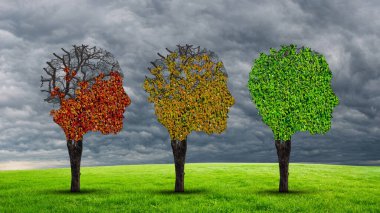 Bunama ve ruhsal sağlığın düzelmesi ve Alzheimer Beyin Hastalığı Terapisi kavramı nöroloji, psikoloji ve psikiyatri tedavi metaforu olarak iyileşmekte olan yaşlı ağaçlar gibi..