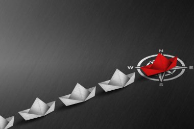 Pusula üzerindeki kırmızı kağıt tekne, küçük beyaz teknelerden oluşan bir filoya önderlik ediyor. İş Liderliği Konsepti. Ana akım ve Yönü Değiştirme 'den ayrılıyorum. Girişimci. İş Fırsatı