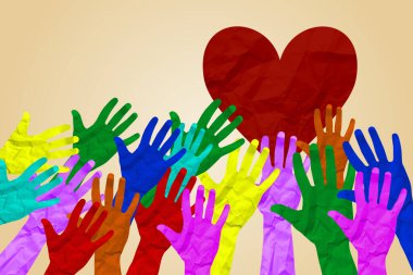 Birleşmiş çeşitlilik ve birlik ortaklığı, bir grup birbirine bağlanmış, destek sembolü olarak şekillenmiş, takım çalışmasının ve birlikteliğin hissini ifade eden farklı insanların elleri gibidir..