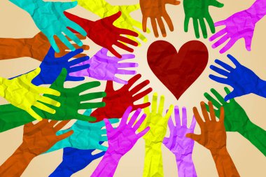 Birleşmiş çeşitlilik ve birlik ortaklığı, bir grup birbirine bağlanmış, destek sembolü olarak şekillenmiş, takım çalışmasının ve birlikteliğin hissini ifade eden farklı insanların elleri gibidir..