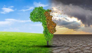 İklim değişikliği solmuş toprak. Afrika kıtası şeklinde yeşil ve sarı yaprakları olan ağaç..