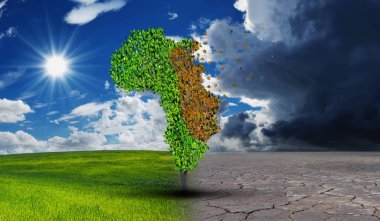 İklim değişikliği solmuş toprak. Afrika kıtası şeklinde yeşil ve sarı yaprakları olan ağaç..