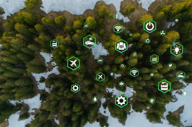 Çevre dostu taşımayı simgeleyen yeşil ormandaki hava manzaralı araba. Elektrikli sürüş modunda temiz ve seradan arındırılmış yeşil ulaşım kavramı.